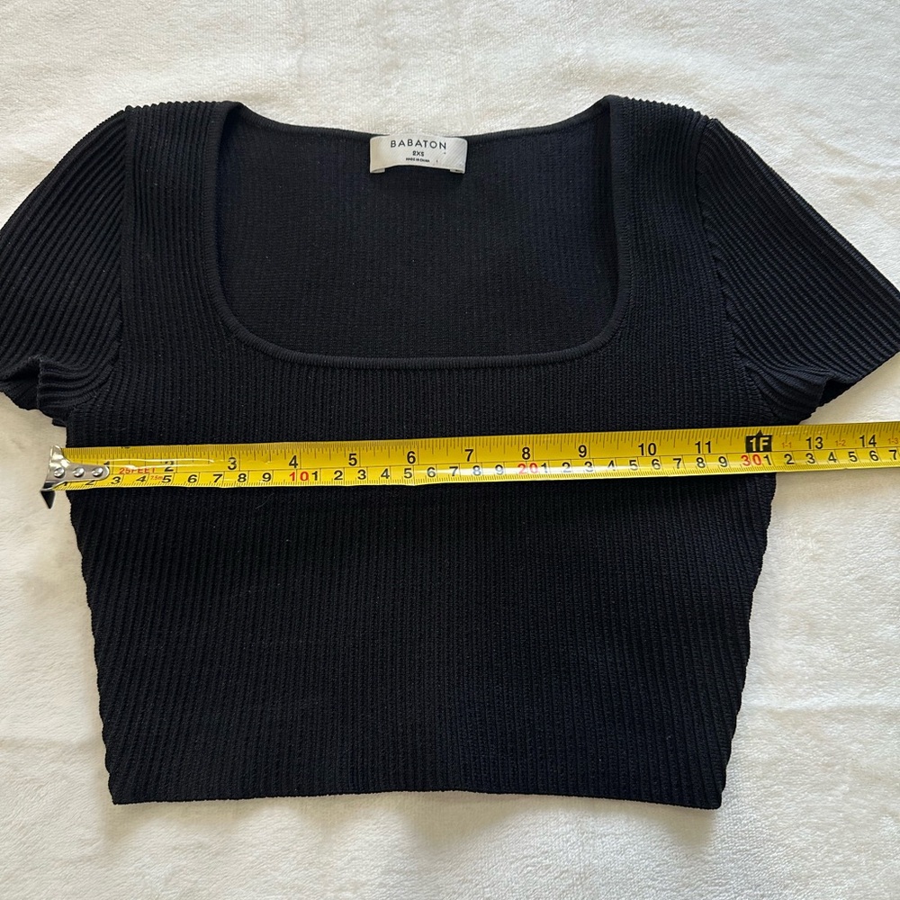 Aritzia Babaton Sculpt Knit Crop Top Womens Sz 2XS Black Ribbed Square Neck - Picture 2 of 8